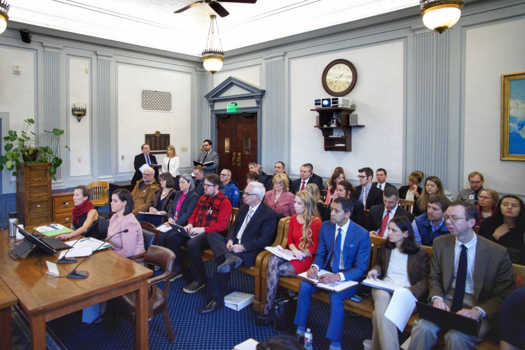 Donna Arduin, Director of the Office of Budget and Management, left, and Lacey Sanders, Budget Director for OMB, present Gov. Mike Dunleavys state budget in front of the Senate Finance Committee at the Capitol on Thursday, Feb. 14, 2019. (Michael Penn | Juneau Empire)