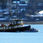 Global Diving was contracted to pump water from snow and rain from the derelict tug, the Lumberman, in Gastineau Channel on Tuesday, Feb. 26, 2019. (Ben Hohenstatt | Juneau Empire)