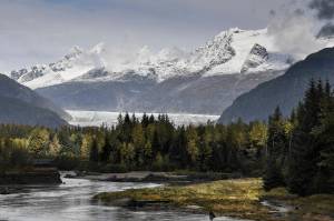 Termination dust hits the peaks above the Mendenhall Glacier on Thursday, Sept. 26, 2019. (Michael Penn | Juneau Empire)