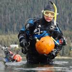 Sherry Tamone emerges from the water with her catfish jack-o-lantern at the sixth annual Spooktacular Dive and Underwater Pumpkin Carving event Saturday, Oct. 26, 2019. (Ben Hohenstatt | Juneau Empire)