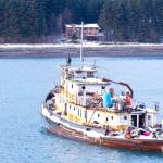 The tugboat Lumberman sits adrift in Gastineau Channel Sunday.
