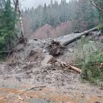 This photo provided by the Alaska Department of Transportation and Public Facilities shows damage from heavy rains and a mudslide 600 feet wide in Haines, Alaska, on Wednesday, Dec. 2, 2020. Authorities say six people are unaccounted for, and four homes were destroyed in the slide, with the search resuming Thursday morning for survivors. (Matt Boron/Alaska Department of Transportation and Public Facilities)