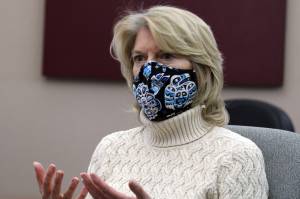 Sen. Lisa Murkowski, R-Alaska, speaks in an interview at the Empire's offices in Juneau on Monday, Feb. 15, 2021. Murkowski said rare earth resources was an area Alaska could, and should, take advantage of. (Ben Hohenstatt / Juneau Empire)