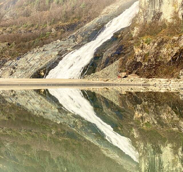 The boomerang look of Nugget Falls on Mendenhall Lake on Oct. 31. (Courtesy Photo / Denise Carroll)