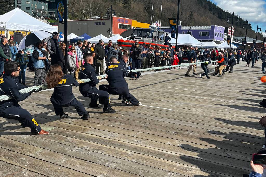 Sailors strives against Juneau Docks and Harbors personnel in a tug-of-war at the 12th Annual Maritime Festival on May 7, 2022. (Courtesy photo / Ryan OShaughnessy)
