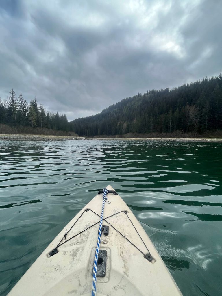 This photo shows the nose of a kayak in Glacier Bay. (Courtesy Photo / Carolyn Kelley)