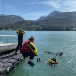 Angus Andrews, 14, jumps into the water during a Juneau Youth Sailing course with Kaia Mangaccat, 13, Lua Mangaccat, 15, and Sigrid Eller, 13, this week near the Juneau Yacht Club. (Therese Pokorney / Juneau Empire)