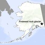 A map shows the location of the Fireweed rock glacier. (Map courtesy of the University of Alaska Fairbanks Geophysical Institute)