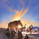 In this work of art produced by Julius Csotonyi, a group of ancient people watch mammoths roam over sand dunes in Interior Alaska, north of Swan Point archeological site. (Artwork by Julius Csotonyi)