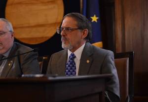 Rep. George Rauscher, R-Sutton, speaks during a news conference on Tuesday, March 28, at the Alaska State Capitol. (James Brooks/Alaska Beacon)