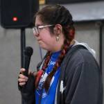 Nadine Demmert, a senior at Angoon High School, gives a speech at the community celebration on Friday. (Jasz Garrett / Juneau Empire)