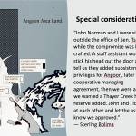 A slide presented as part of the history of the Thayer Creek hydroelectric project shows a map of the area and a description by Sterling Bolima, a lobbyist for Angoon, of negotiations with officials in Washington, D.C., before compromise agreement was reached in 1980. (Slide by Peter Metcalfe)