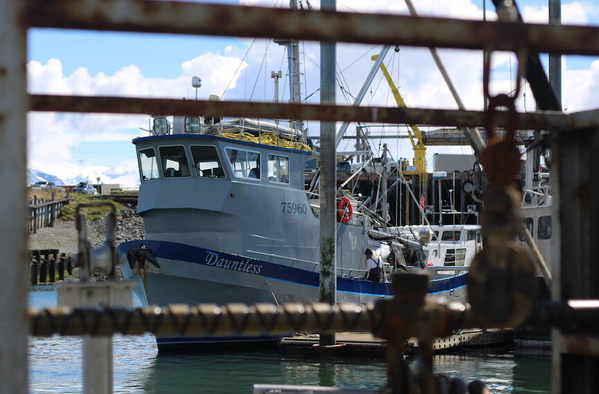 A fishing boat sits at the dock at Homers harbor in May. (Nathaniel Herz/Northern Journal)
