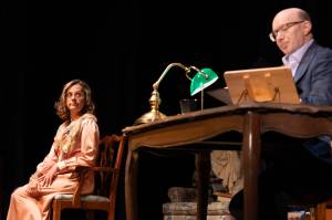 Elizabeth Pisel-Davis and Roblin Davis rehearse Thursday evening for Love Letters at McPhetres Hall. The play staged by Juneau Ghost Light Theatre debuts Friday. (Photo by Max Rosen)