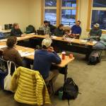 Eaglecrest Ski Areas board of directors, management and other officials gather for a board retreat Saturday at the Porcupine Lodge. (Mark Sabbatini / Juneau Empire)