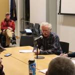 Dave Hanna (center), a former Eaglecrest Ski Area board member, addresses the current resort leaders during a board meeting Thursday night at the Mendenhall Valley Public Library. (Mark Sabbatini / Juneau Empire)