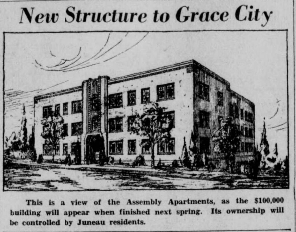 Proposed in 1932 as an elegant 32-unit residential apartment house, The Assembly building is shown in an artists rendering on the front page of the Aug. 2, 1932, Alaska Daily Empire.