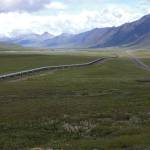 A view of the Trans-Alaska Pipeline, from the northern Brooks Range. The rocks in the background produce oil on the North Slope. (Dave Houseknecht, U.S. Geological Survey)