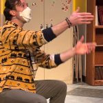 Travis Morris rehearses a scene as the character Jaxton from The Thanksgiving Play on Thursday night at Perseverance Theatre. (Photo by Molly Johnson)