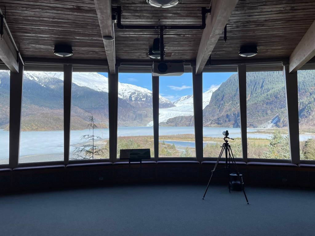 View through Mendenhall Glacier Visitor Center observatory windows in March 2025. (Photo by Laurie Craig)