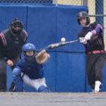 Juneau-Douglas High School: Yadaa.at Kalé junior Chris Andersen connects on a pitch during the Crimson Bears 12-7 win over the Petersburg Vikings on Friday at Mort Fryer Ball Park in Petersburg. (Klas Stolpe / Juneau Empire)