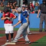 In this file photo Sitka first baseman Caleb Calhoun catches a throw to put out Juneaus Gastineau Channel LL batter Marcus Mendoza (22) during the 2019 Little League Alaska District 2 Majors Baseball championship game at Sitkas Moller Field. Sitka went on to host and defeat Eagle Rivers Knik LL in a best 3-out-of-5 series for the State title and a trip to the Northwest Region in San Bernardino, California. (Klas Stolpe / Juneau Empire)