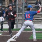 Sitka Wolves junior Caleb Calhoun puts out Juneau-Douglas High School: Yadaa.at Kalé junior Brandon Casperson at first base during a game April 26 at Adair Kennedy Memorial Park. (Klas Stolpe / Juneau Empire)