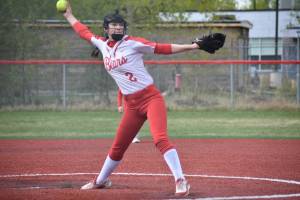 Juneau-Douglas High School: Yadaa.at Kalé sophomore Skylar Oliva pitches against Wasilla during the Crimson Bears 13-7 win over the Warriors on Saturday at Wasilla. (Photo courtesy JDHS softball)