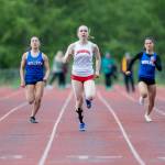 Juneau-Douglas High School: Yadaa.at Kalés Bella Connally wins the girls 100-meter dash with a time of 12.39 during the Ketchikan Invitational at Esther Shea Field on Saturday. (Christopher Mullen/ Ketchikan Daily News)