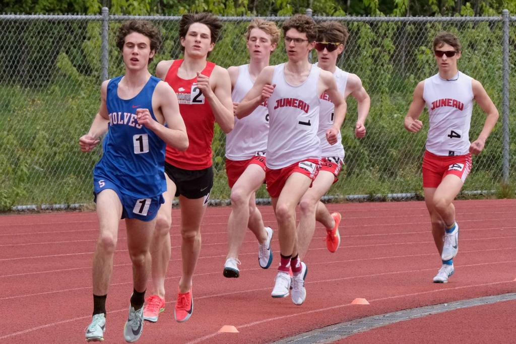 Sitka senior Connor Hitchcock, Wrangell junior Boomchain Loucks and JDHS seniors Ferguson Wheeler, Nick Iverson, Owen Woodruff and Sage Janes race the combined 1,600-meters during the Region V Track & Field Championships at Juneau's Thunder Mountain Middle School on Saturday. (Klas Stolpe / Juneau Empire)