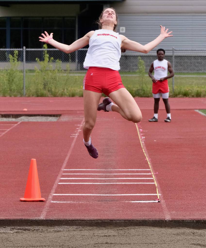 Juneau-Douglas High School: Yadaa.at Kalés senior Cailynn Baxter wins the Division I girls long jump during the Region V Track & Field Championships at Juneaus Thunder Mountain Middle School on Saturday. (Klas Stolpe / Juneau Empire)
