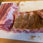 Adding a spice rub to a rack of baby back ribs. (Photo by Patty Schied)