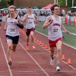 Juneau-Douglas High School: Yadaa.at Kalé senior Nick Iverson wins the 800 meter final over Eagle River junior Luke Shaw and Dimond senior Jarrett Jackson during the 2025 ASAA/First Bank Alaska State Track & Field Championships on Saturday at Anchorages Dimond High School. (Klas Stolpe / Juneau Empire)