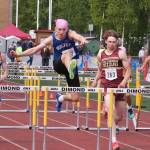 Sitka senior Rowan Olney-Miller leads the 110 meter hurdles on his way to the state title over Monroe senior Asher Mcglinchy (4th), Grace Christian junior Chris Jones (3rd) and Kenai senior Delen Byrd (2nd) during the 2025 ASAA/First Bank Alaska State Track & Field Championships on Saturday at Anchorages Dimond High School. (Klas Stolpe / Juneau Empire)