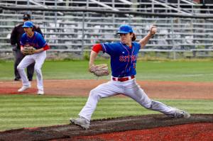 Sitka junior Caleb Calhoun pitches during the Wolves 3-0 win over South Anchorage on the opening day of the ASAA/First National Bank Alaska DI Baseball State Championships at Anchorages Mulchay Stadium. (Photo courtesy Heather Gluth)