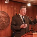 Gov. Mike Dunleavy speaks about his decision to veto House Bill 57 during a press conference at the Alaska State Capitol on Monday, May 19, 2025. (Jasz Garrett / Juneau Empire file photo)