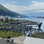 More than 1,000 people take part in a No Kings protest Saturday, June 14, 2025, at Overstreet Park. (Mark Sabbatini / Juneau Empire)