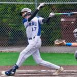 Juneaus Auke Bay Post 25 batter Kasen Ludeman (17) watches as his game winning hit against Palmer Post 15 falls into left field during Juneaus 7-6 win over Palmer in American Legion Baseball action Sunday at Adair Kennedy Memorial Park. (Klas Stolpe / Juneau Empire)