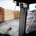 Danial Roberts, an employee at Viking Lumber Company, looks out at lumber from a forklift in Klawock, Alaska. (Courtesy of Viking Lumber Company)