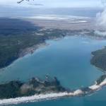 Sitkagi Lagoon spills water into the Gulf of Alaska from the toe of Malaspina Glacier in 2025. (Photo by Ned Rozell)