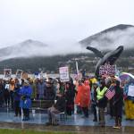 Protesters stand amidst the rain and fog at the No Tsars, No Kings protest on Saturday, Oct. 18 at Overstreet Park. (Mari Kanagy/Juneau Empire)
