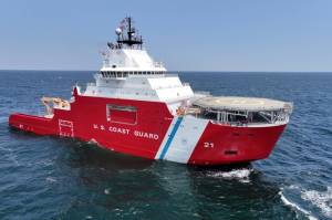 The U.S. Coast Guard Cutter Storis is underway, June 3, 2025, from Pascagoula, Mississippi. The Storis is the Coast Guards first new polar icebreaker acquisition in 25 years and will expand U.S. operational presence in the Artic Ocean. (Photo courtesy of Edison Chouest Offshore)