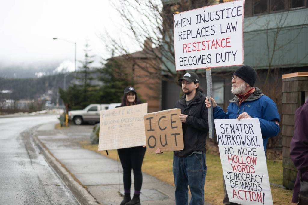 Protesters participate in a rally outside Senator Lisa Murkowskis Juneau office on Feb. 4, 2026. (Chloe Anderson/Juneau Empire)