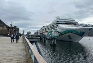 Mark Sabbatini / Juneau Empire file photo
Visitors walk along the downtown cruise ship dock on May 14, 2025.