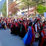 Tlingit dancers with the Kuteeyaa dance group from the Pacific Northwest joined more than 1,800 dancers in the Grand Entrance of Celebration on June 3, 2026. (Corinne Smith/Alaska Beacon)
