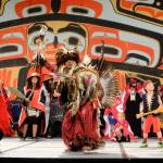 Thomas Yellowhorse Davis who is Oglala Lakota and Tlingit from Hoonah dances with the Mt. Fairweather dance group from Hoonah on the main stage of Centennial Hall during the Grand Entrance of Celebration on June 3, 2026. (Corinne Smith/Alaska Beacon)